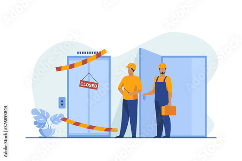 Workers in overalls standing near closed broken elevator. Repairmen, engineers, technicians flat vector illustration. Public utility, service concept for banner, website design or landing web page