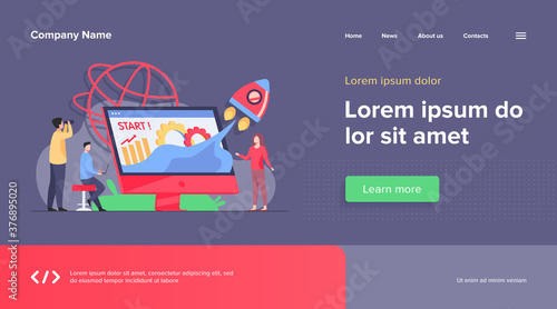 Team starting project. Workgroup working on startup, launching rocket from monitor with growth chart. Vector illustration for new business idea concept