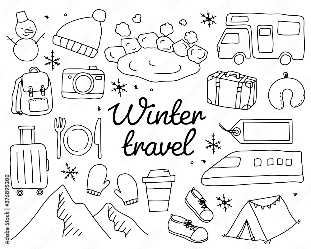 冬旅行の手書きのイラストのセット おしゃれ 旅 トラベル 観光 冬休み 雪 温泉 かわいい Vector De Stock Adobe Stock
