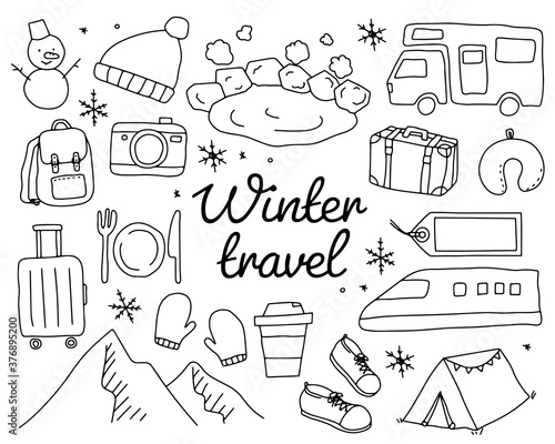 冬旅行の手書きのイラストのセット おしゃれ 旅 トラベル 観光 冬休み 雪 温泉 かわいい Stock Vector Adobe Stock