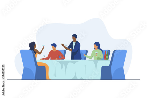 Happy people enjoying wine tasting. Party, dining table, toast flat vector illustration. Celebration, ceremony, festive event concept for banner, website design or landing web page