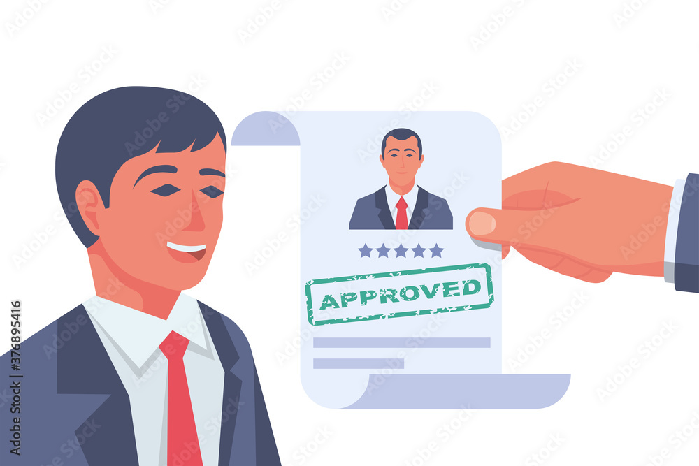Approved stamp in the hands of a headhunter. Approved employment document. Happy businessman rejoices about hiring. Vector illustration flat design. Isolated on white background. Approved stamp in the hands of a headhunter. Approved employment document. Happy businessman rejoices about hiring. Vector illustration flat design. Isolated on white background.