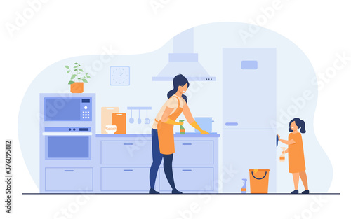Young girl helping her mom to clean kitchen, dusting furniture, wiping fridge. Vector illustration for family home activities, housework chores, household concept.