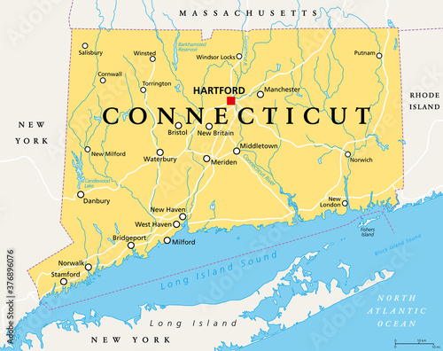 Connecticut, political map with capital Hartford. State of Connecticut, CT, the southernmost state in the New England region of the northeastern United States of America. English. Illustration. Vector photo