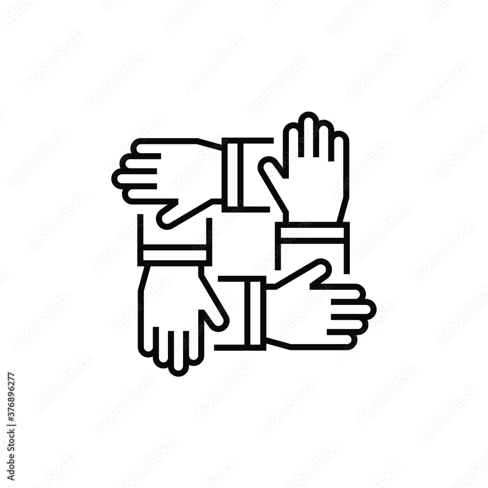 Team Work 4 hands icon, line style. 4 hands hold on each other.. Vector illustration. Design on white background. EPS 10 Team Work 4 hands icon, line style. 4 hands hold on each other.. Vector illustration. Design on white background. EPS 10