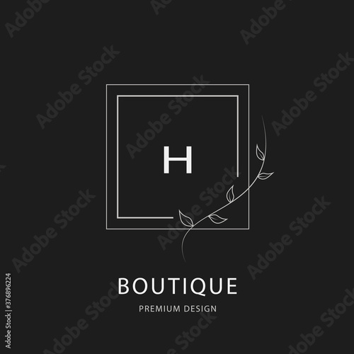 Elegant Simple monogram, letter H. Creative logo. Line art design. Branch with leaves. Minimalist Emblem. Drawn Template for Book Design, Restaurant, Wedding, Boutique, Invitation. Vector illustration