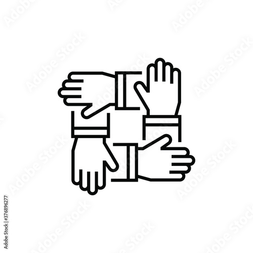 Team Work 4 hands icon  line style. 4 hands hold on each other.. Vector illustration. Design on white background. EPS 10