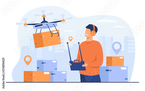 Drone delivery concept. Delivery operator controlling quadcopter with postal or distributing box, sending mobile machine to city address. For shipping, modern technology, service topics