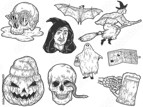 Halloween big set, sketch drawings. Coloring scratch board imitation.