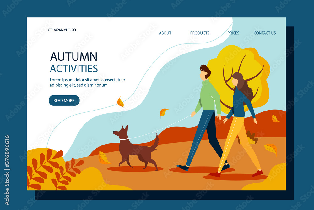 Man and woman walking this dog in the park. Landing page template. Autumn illustration in flat style. The concept of active rest in the fresh air.