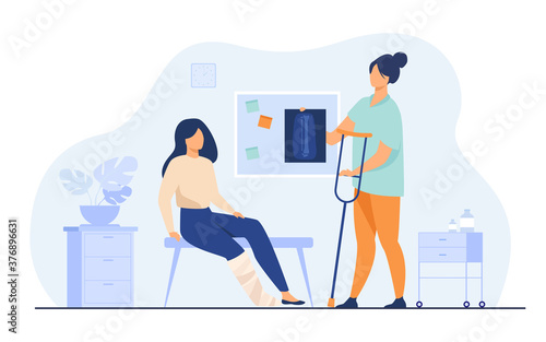 Woman with injured broken leg in plaster cast sitting in doctor office, taking X ray and crutch. Vector illustration for trauma, hospital, treatment, physiotherapy concept
