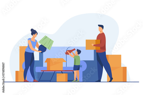 Family moving and packing things. Parents, kid, carton boxes flat vector illustration. New home, property buying, mortgage concept for banner, website design or landing web page