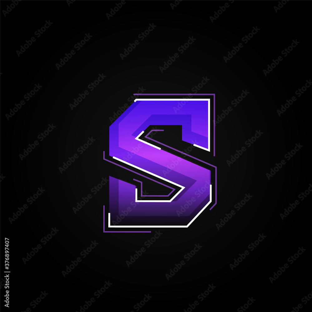 Futuristic purple/blue character from a fontset with dashed strokes and blending effects, vector illustration