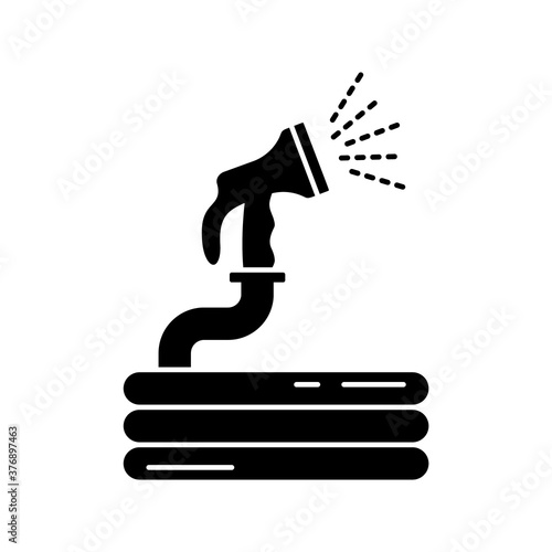 Silhouette of Garden hose with water spray. Outline icon of folded flexible rubber hose with plastic cap for irrigation. Black illustration for horticulture. Flat isolated vector on white background photo