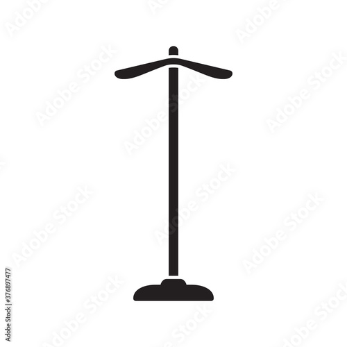 Silhouette Floor hanger for clothes. Outline icon of shoulder rack, hallway furniture. Illustration of vertical device for hanging coat, dress, jacket. Flat isolated vector emblem on white background