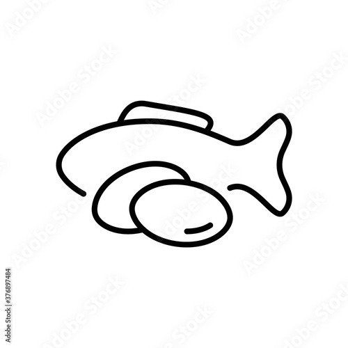 Fish oil logotype. Line art pictogram of two capsules and shape of sea fish with fin in background. Black illustration of vitamin omega 3, dietary supplement. Contour isolated vector icon