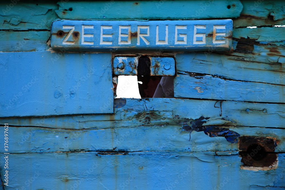 Zeebrugge old colorful fishing boat detail blue wood