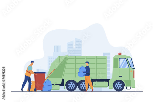 Trash pickup worker cleaning dustbin at truck. Man carrying trash in plastic bag flat vector illustration. City service, waste disposal concept for banner, website design or landing web page