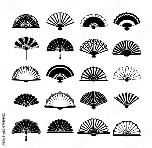 Fans silhouette set. Collection vintage oriental accessory with stylish Korean retro designs fashion Japanese elegant Chinese folding bamboo object richly decorated. Vector silhouette style .