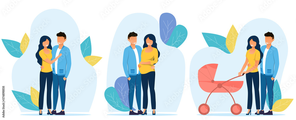 3 illustrations showing scenes from the couple s life. Flat vector illustration