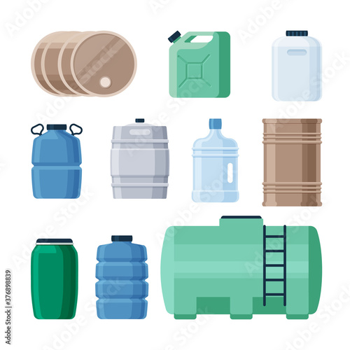Plastic and iron containers liquid set. Production barrels for storing gasoline oil green canister with chemicals transparent blue dense bottles large volumes of drinking water. Vector flat style.