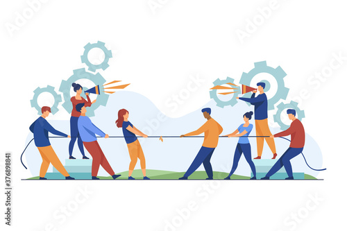 Group leaders shouting at megaphone. Teams playing tug-of-war, pulling rope with golden cup flat vector illustration. Competition, contest concept for banner, website design or landing web page