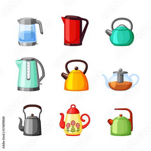 Electric kettles and teapots colored set. Modern plastic devices for quickly boiling water metal rounded shapes heated gas and wood ceramic glass containers brewing tea. Cartoon vector.