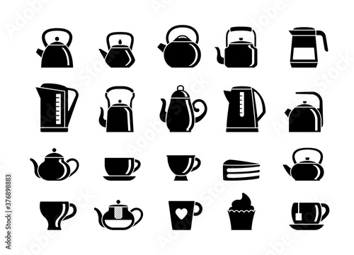 Teapots and electric kettles silhouette set. Plastic devices for quickly boiling water metal rounded shapes heated gas wood cups with hot drink and sweets modern ceramic glass. Silhouette vector.