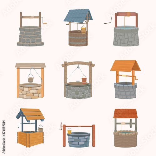 Water wells retro set. Antique stone wells faced marble coolness rustic wooden wells bucket on rope medieval with solid roof iron axle artificial deep well with source. Cartoon old vector.