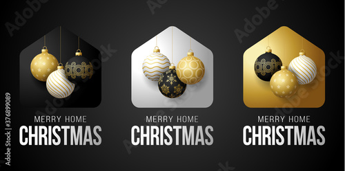 Set of Luxury gold Merry Home Christmas 2020 Card with Funny Vector Minimalist christmas balls. staying at home badge in Quarantine. COVID-19 Reaction.
