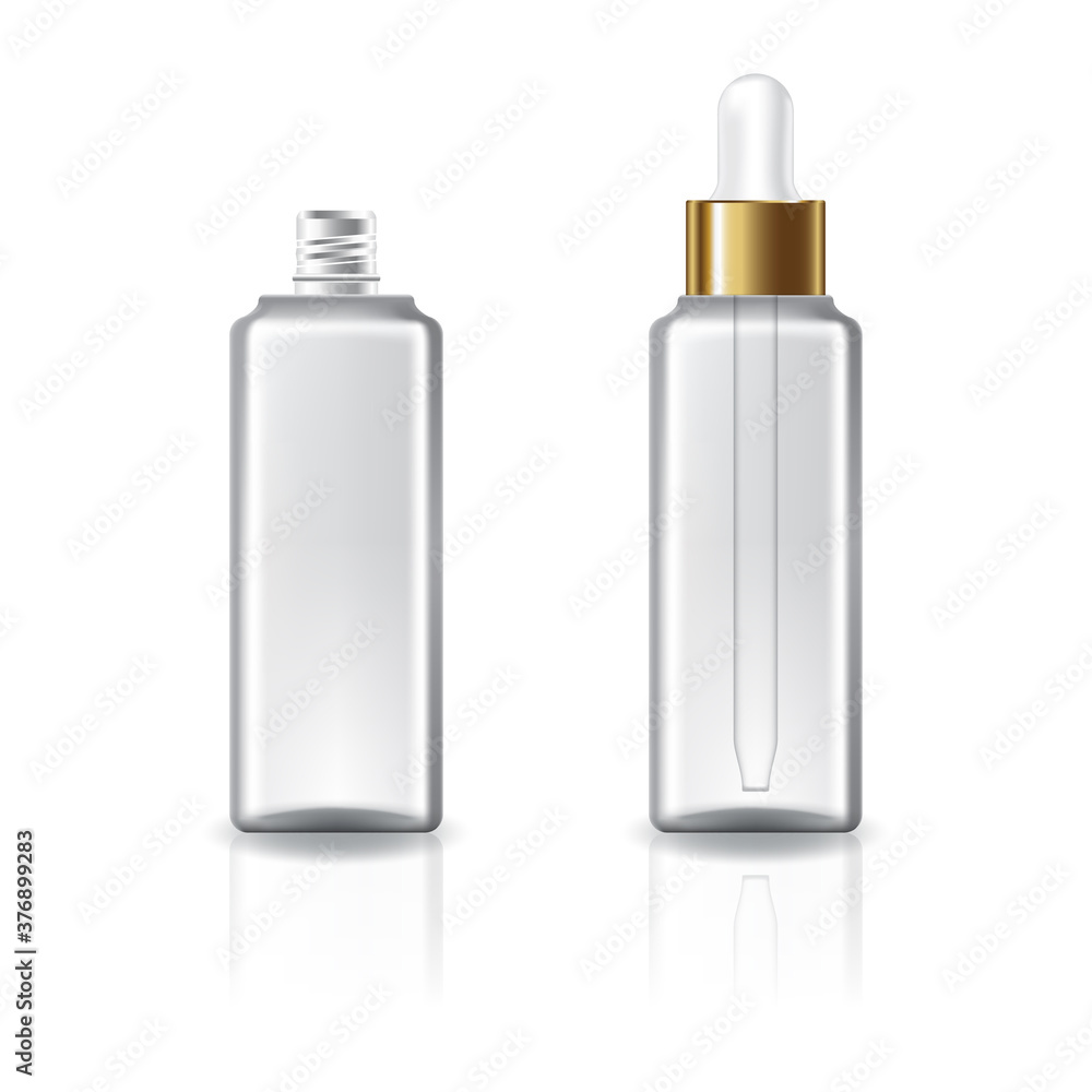 Clear square cosmetic bottle with white dropper gold lid for beauty or healthy product. Clear square cosmetic bottle with white dropper gold lid for beauty or healthy product.