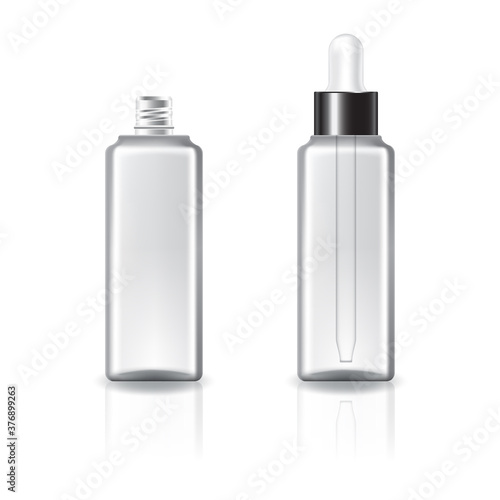 Clear square cosmetic bottle with white dropper black lid for beauty or healthy product.