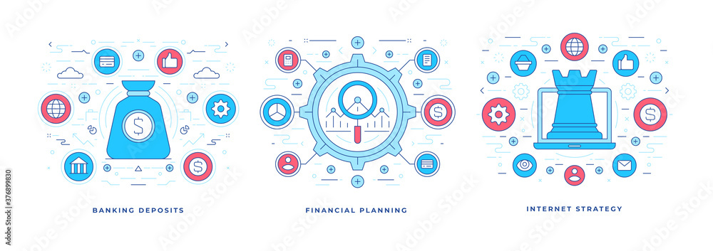 Set of vector illustrations flat line banners with icons designed for internet strategy and financial management Set of vector illustrations flat line banners with icons designed for internet strategy and financial management