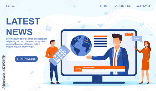 Man standing with a remote control and watching the latest news on a TV screen or computer monitor. Web page template. Flat vector illustration.