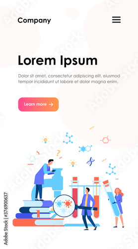 Group of scientists with microscope, chemical tubes and books doing epidemiology research. Chemists studying corona virus tests in medical lab. Can be used for coronavirus pandemic, covid 2019 topics