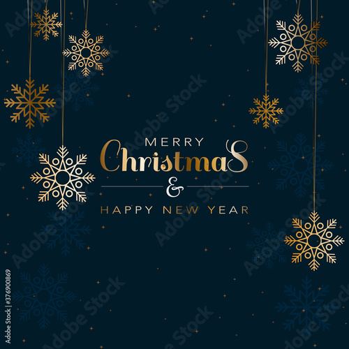 Winter holiday postcard. Christmas party blue poster  with gold snowflakes
