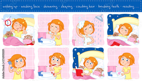 Good morning and good night - Daily routine actions of a lovely little girl with ginger hair - Set 