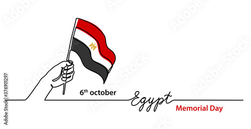 Egypt Memorial Day background with egyptian flag and hand. Simple vector web banner. One continuous line flag drawing with lettering Egypt.