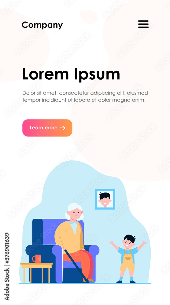 Grandma sitting in armchair and little grandson smiling. Kid, boy, generation flat vector illustration. Family and parenting concept for banner, website design or landing web page Grandma sitting in armchair and little grandson smiling. Kid, boy, generation flat vector illustration. Family and parenting concept for banner, website design or landing web page