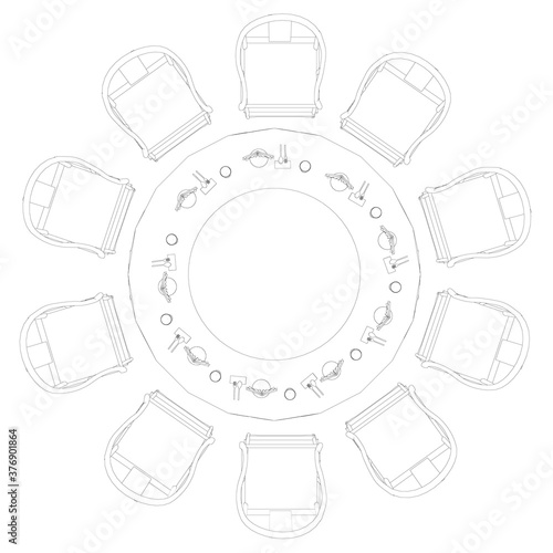 The outline of a round table with cutlery and ten chairs around. Restaurant table. View from above. Vector illustration