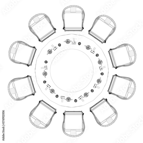 Wireframe of a round table with cutlery and ten chairs around. Restaurant table. View from above. Vector illustration