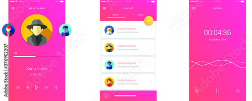 Clean modern light UI / UX music artist screen, playlist and player screen