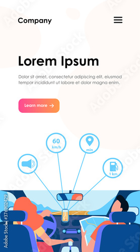 Driver and passenger navigating on road within map and mobile app. Back view of people inside car interior. Vector illustration for navigation, driving, travel, transportation concept