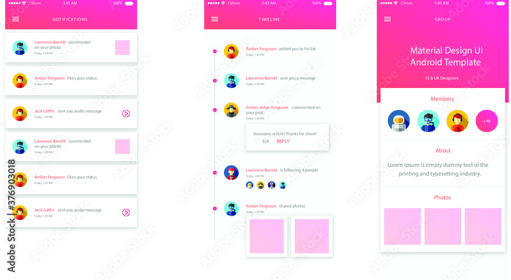 Clean modern light UI / UX paralax blog page, chat screen and list with avatar and title