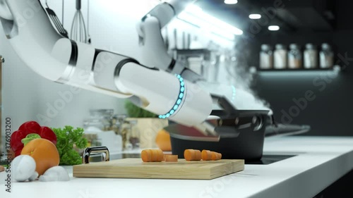 Robot prepares lunch. Robot hand cuts carrot, throws it into boiling water. Animation. 4k