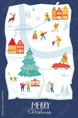 Merry Christmas poster with city map and people doing winter activities.