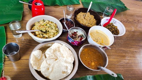 Vegetarian dishes (Onasadya) on a table 