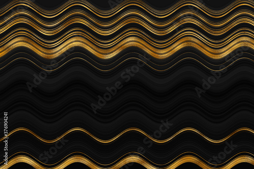 Golden wavy stripes on black background. Horizontal curvy lines. Digital illustration