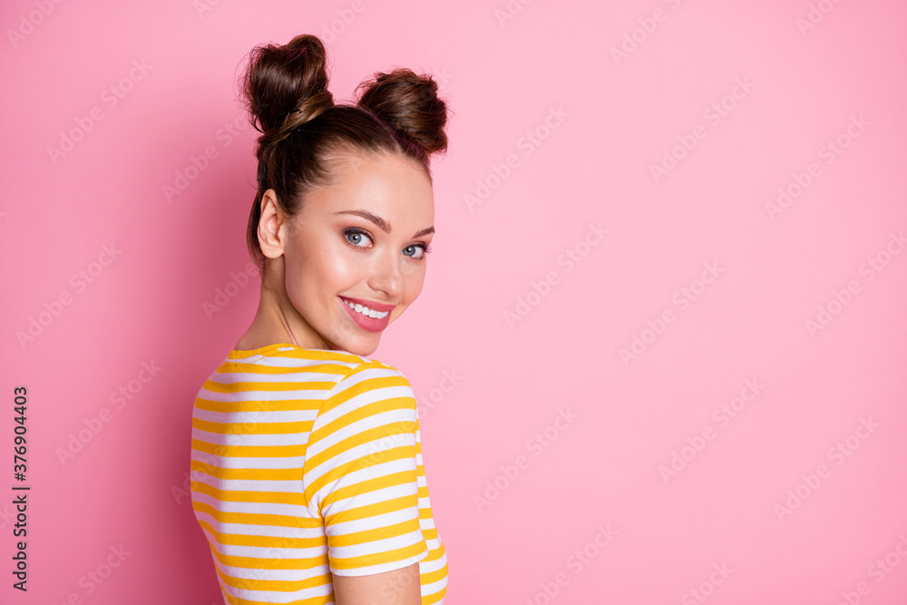 Close-up profile side view portrait of her she nice-looking attractive lovely pretty shine cute winsome charming cheerful cheery girl posing isolated over pink pastel color background Close-up profile side view portrait of her she nice-looking attractive lovely pretty shine cute winsome charming cheerful cheery girl posing isolated over pink pastel color background