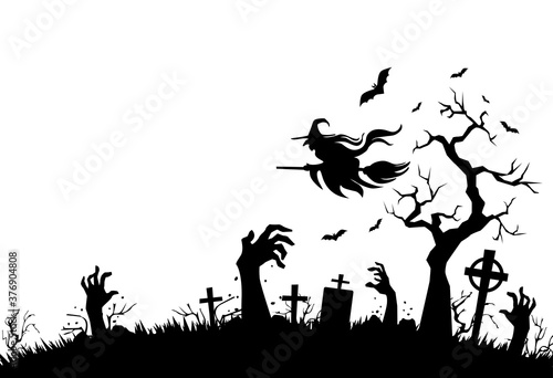 Halloween poster with horror elements: cemetery, grave, cross, zombie hands, bat, witch flies on broomstick. Illustration, vector on transparent background